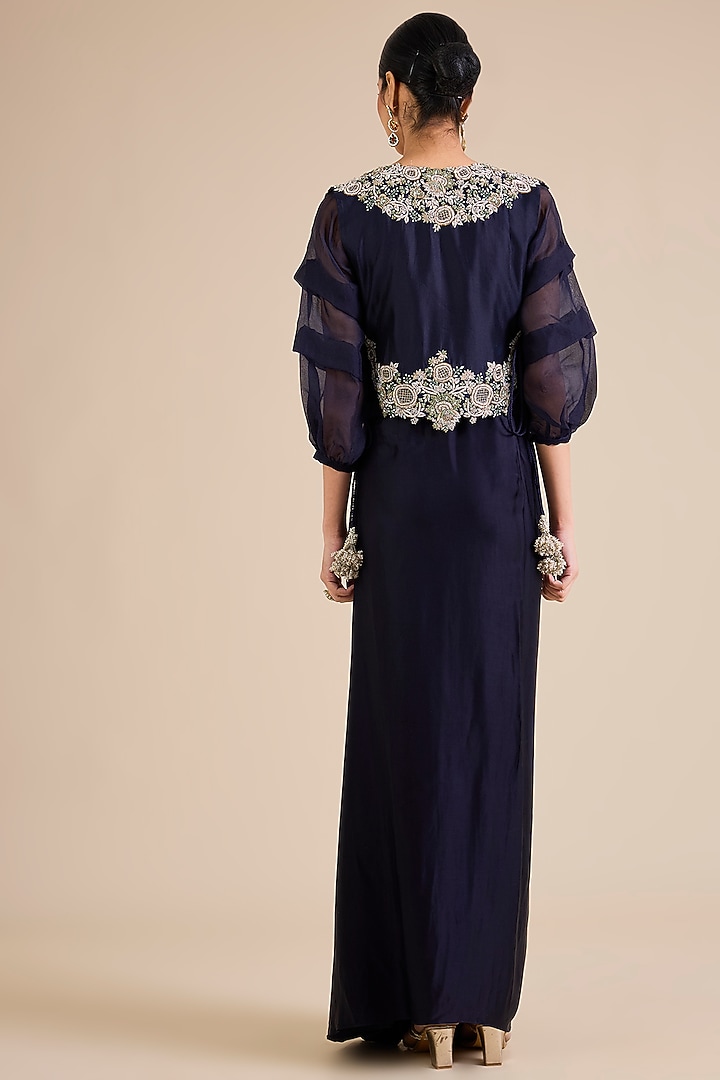 Royal Blue Silk Resham Work Jacket Set by Prisho at Pernia's Pop Up Shop